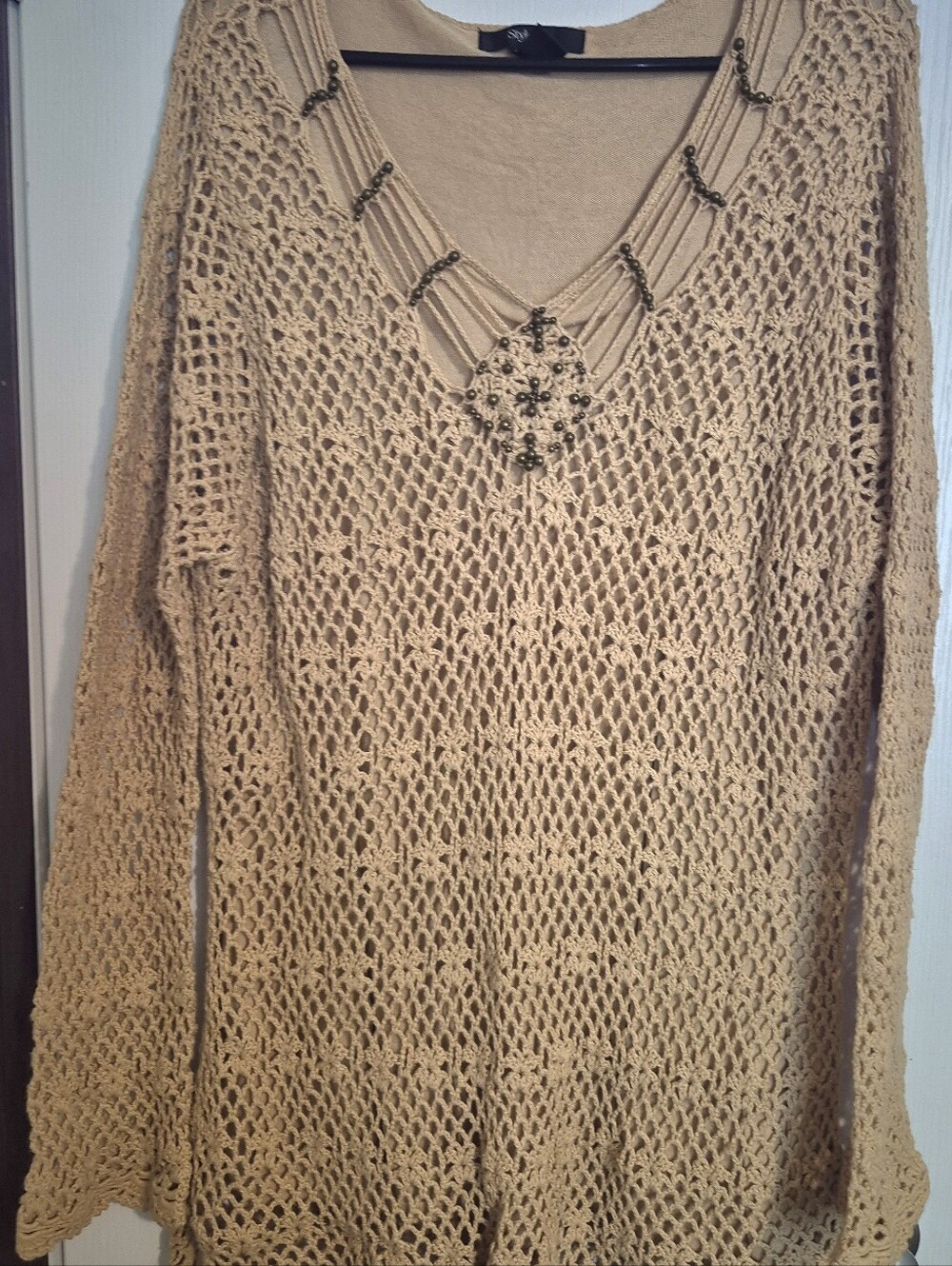 Style & Co. Women's V-Neck Open Knit Sweater in Tan